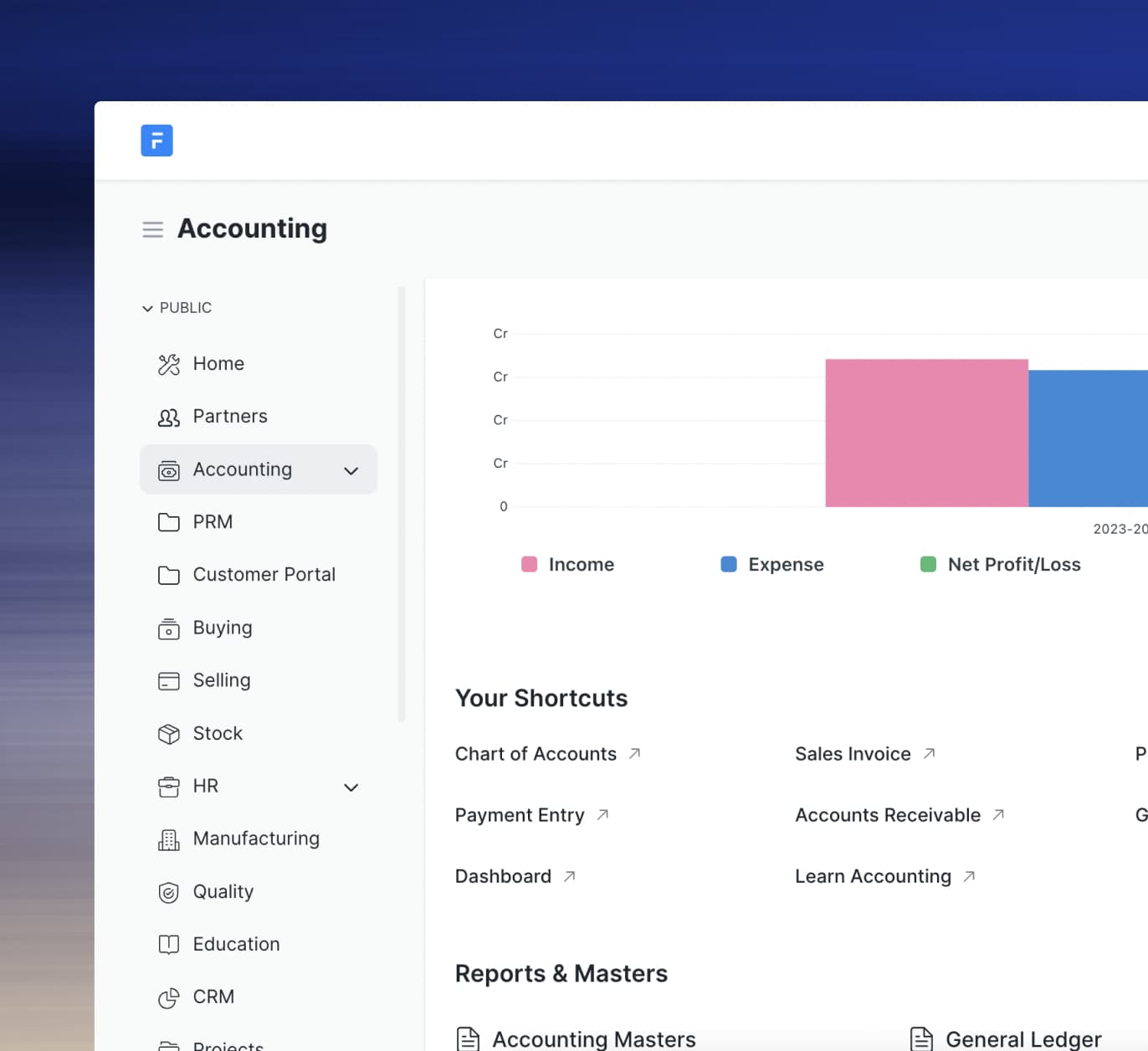 ERPNext Dashboard showing accounting module with financial charts and navigation